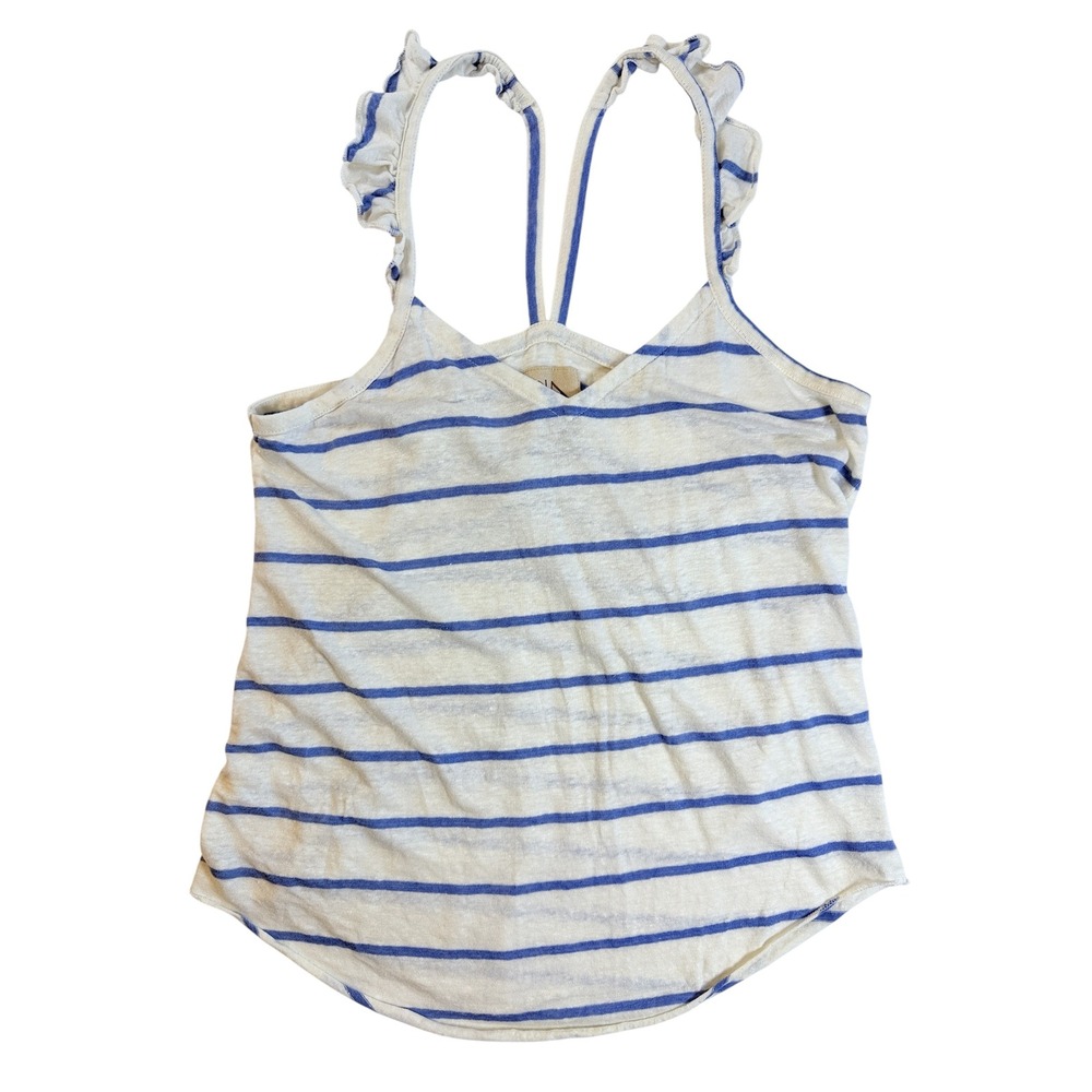 Chaser Tank Top Womens Small White Blue Striped Ruffle Strap Linen Blend